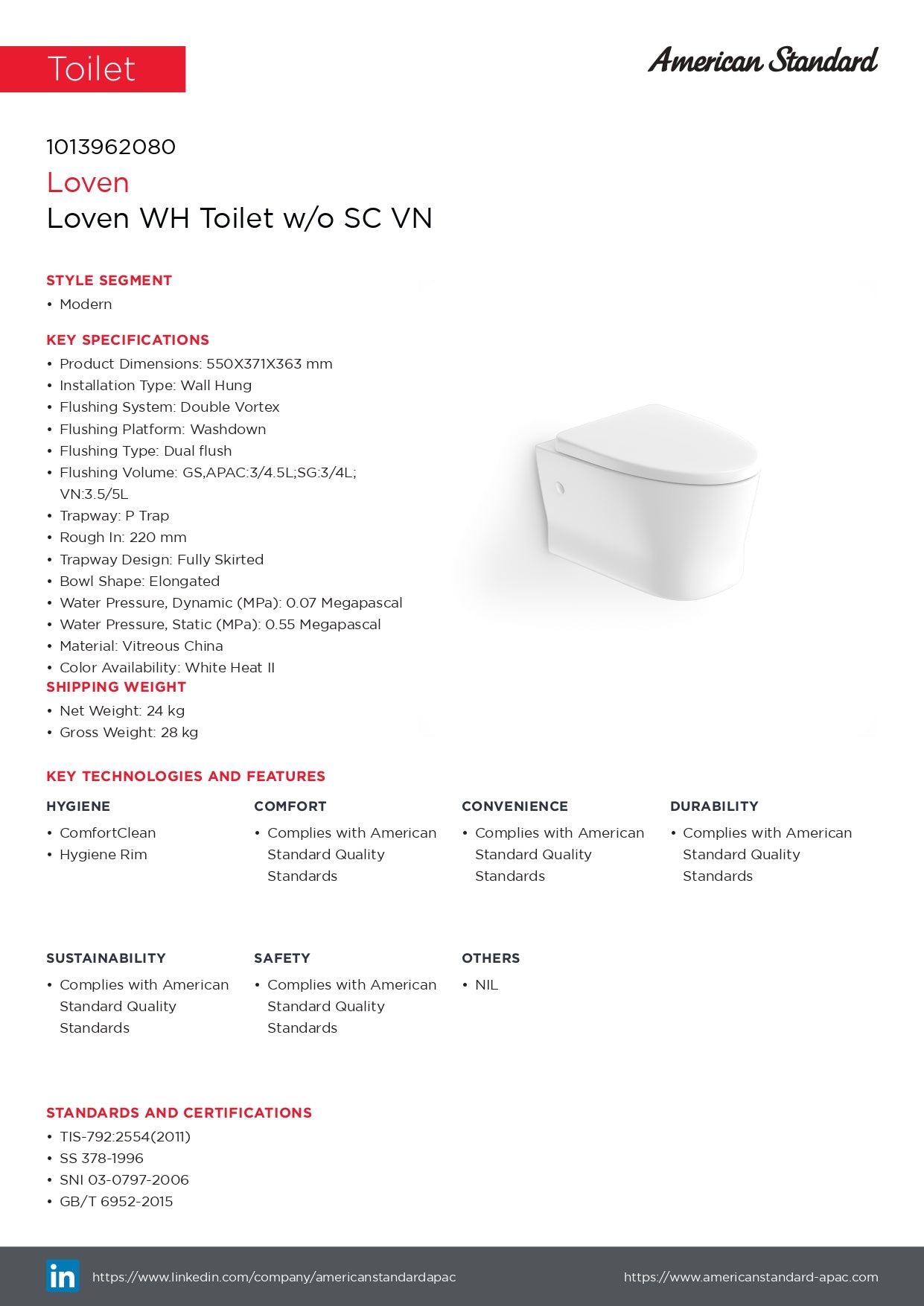 American Standard Loven Wall Hung Toilet Bowl 1013962080