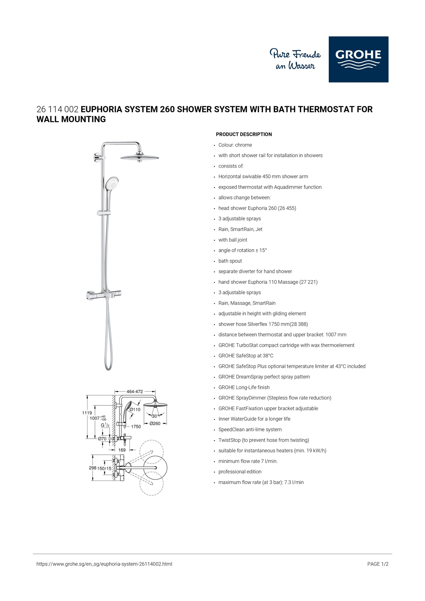 Grohe Euphoria System 260 Rainshower System With Thermostatic Bath Mixer 26114002