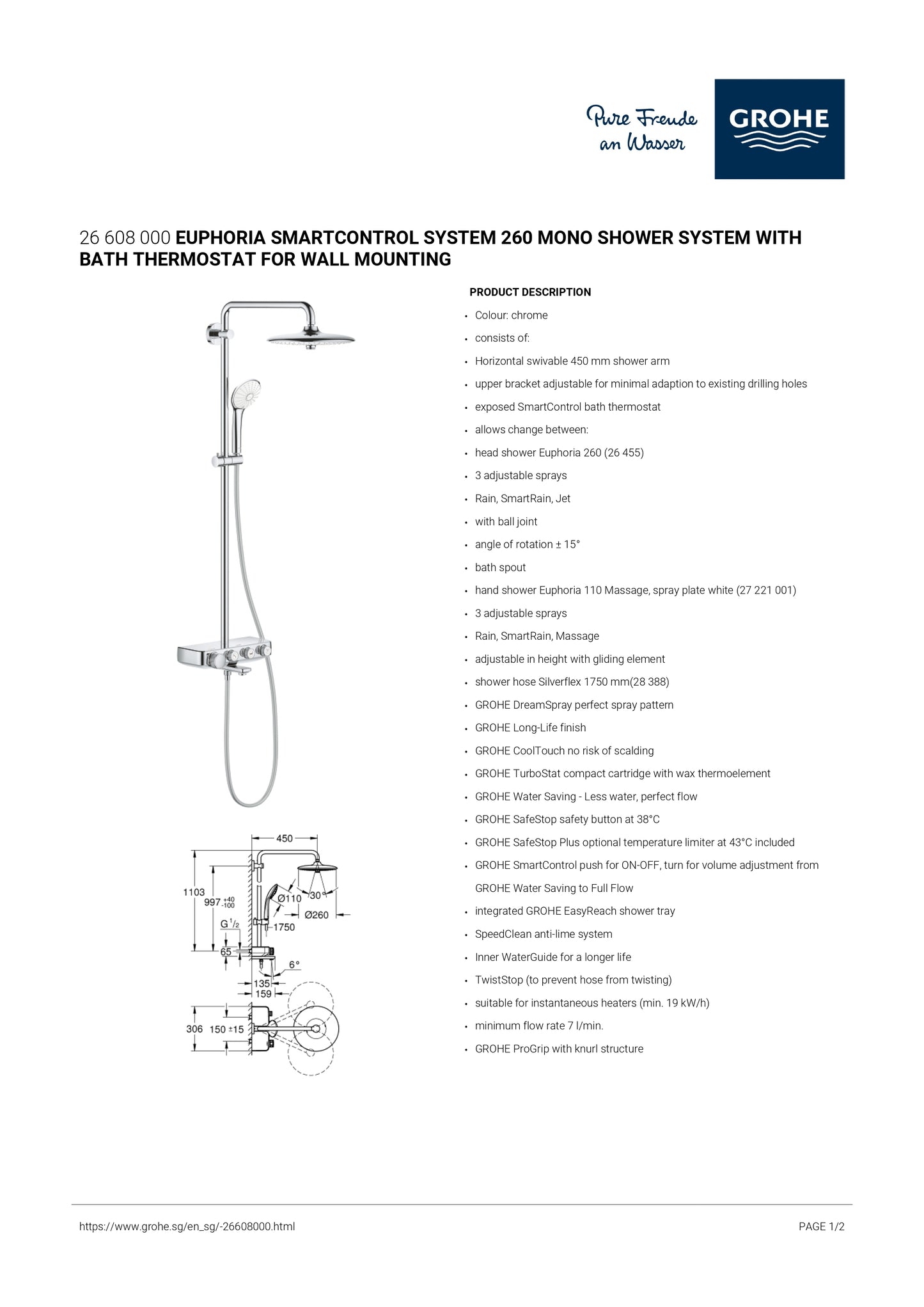 Grohe Euphoria Smartcontrol 260 Rainshower System with Thermostatic Bath Mixer 26608000