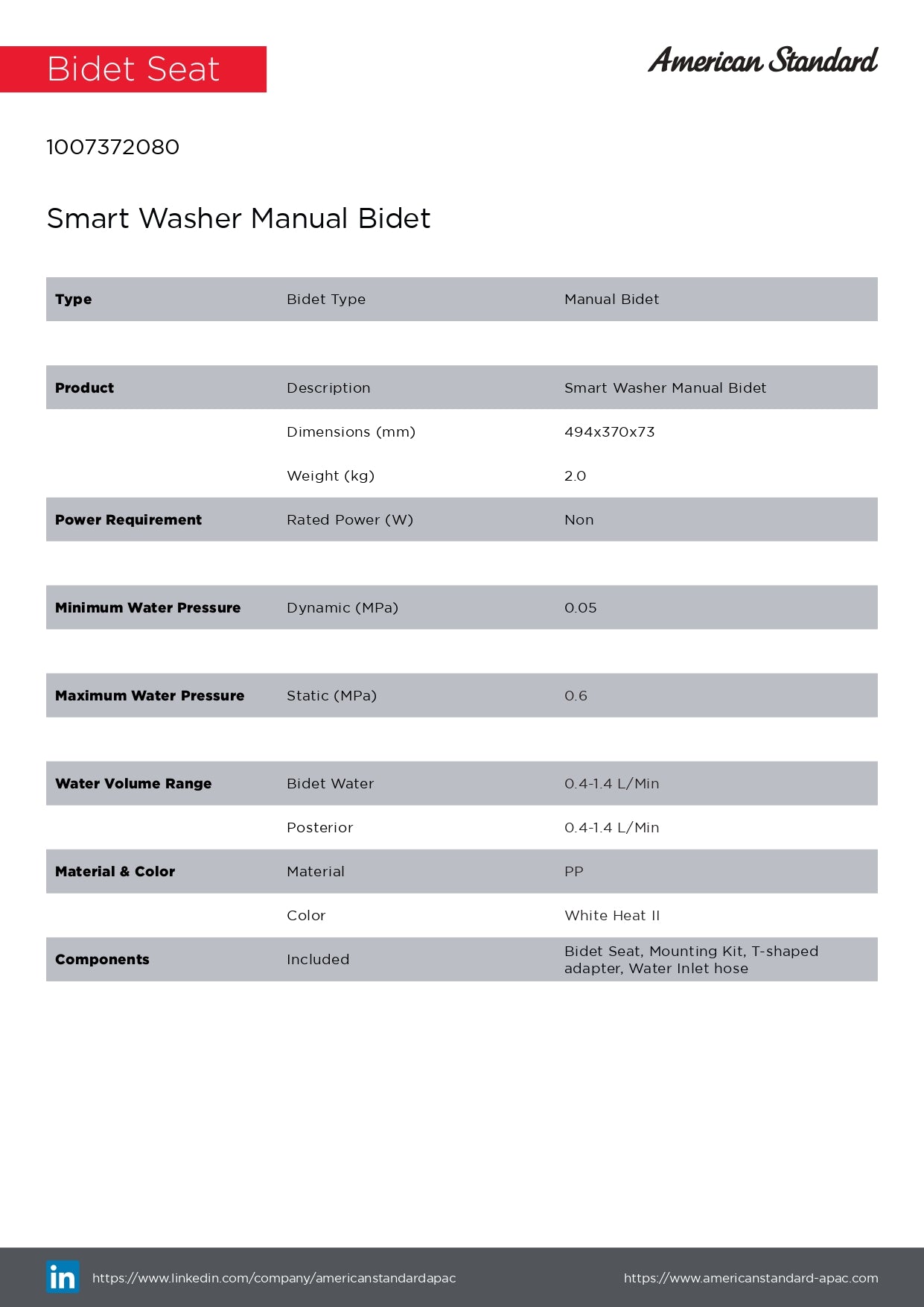 American Standard Smart Washer Manual Bidet Seat 1007372080