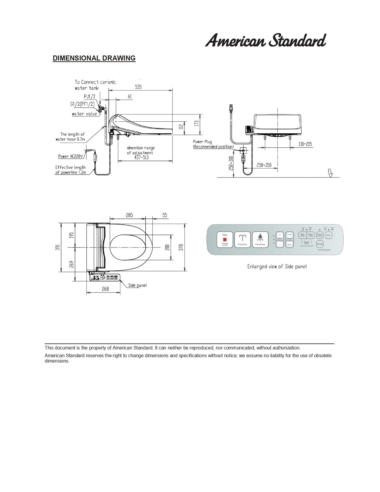 American Standard Pristine Electric Bidet Seat with Side Panel CEAS7SL1-0100510P0
