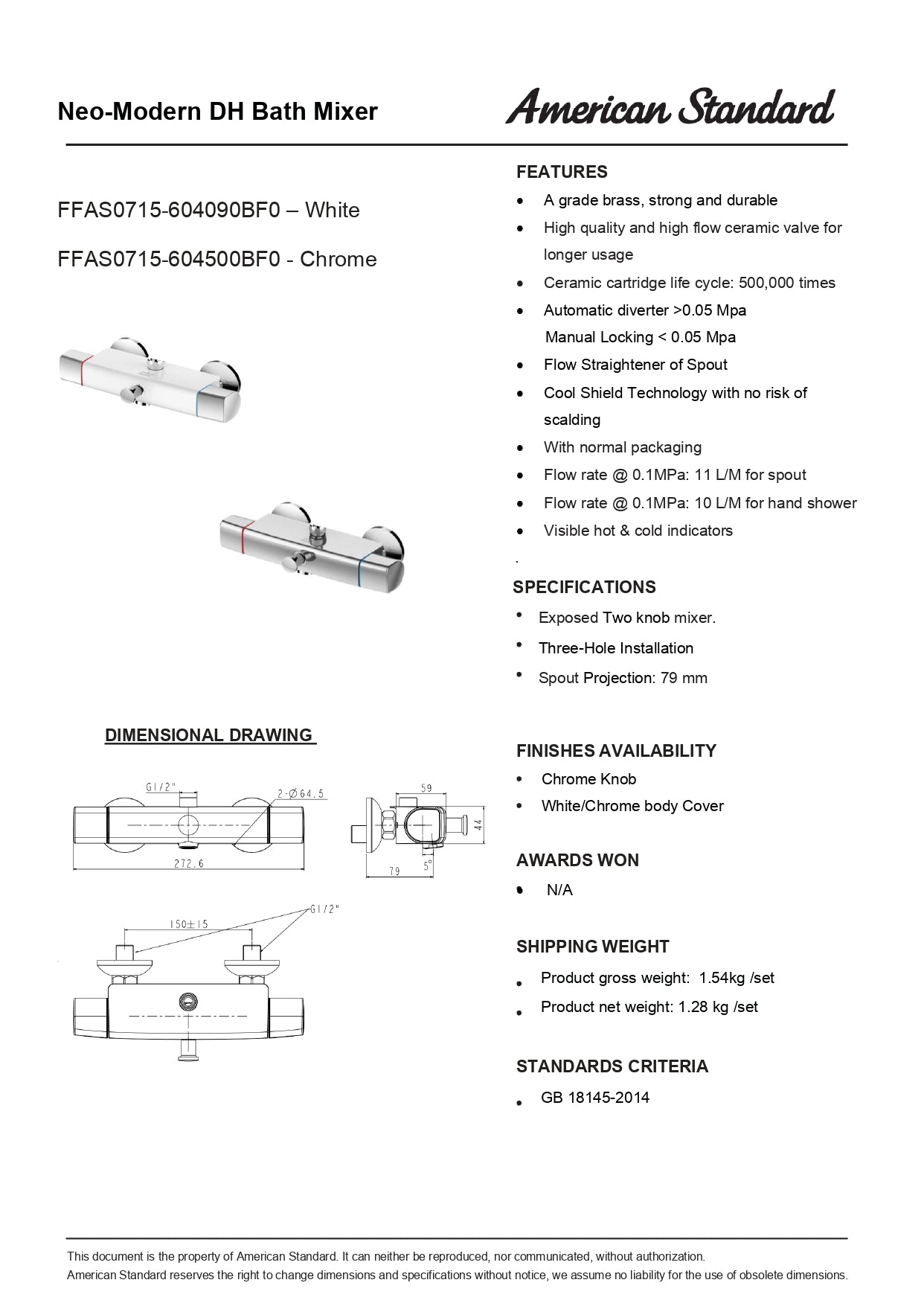 American Standard Neo Modern Dual Handle Bath Mixer FFAS0715 | Bathroom Faucet Chrome | White