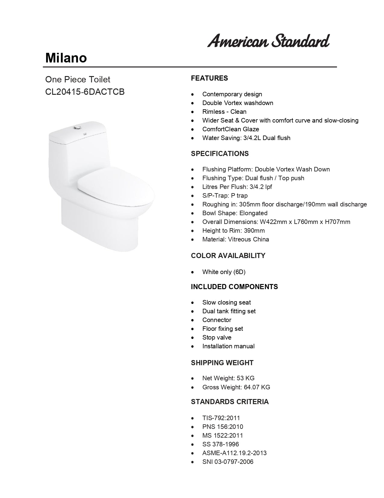 American Standard Milano One Piece Toilet Bowl with Seat Cover CL20415