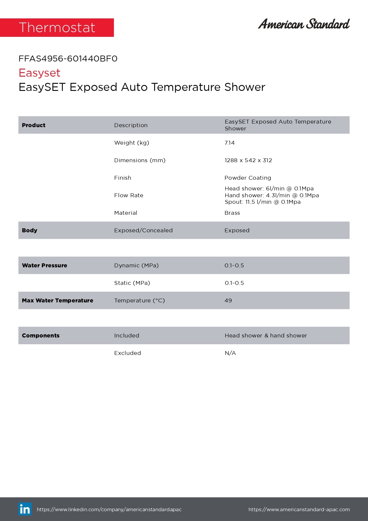 American Standard EasySET Exposed Auto Temperature Rainshower System FFAS4956-601440BF0 Matt Black