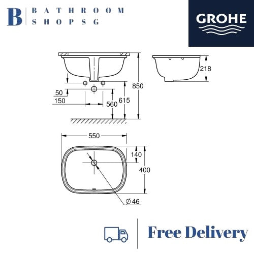 Grohe Eurosmart Undercounter Wash Basin Oval 55 cm Alpine White 101022SH00 | Grohe Bathroom Sink