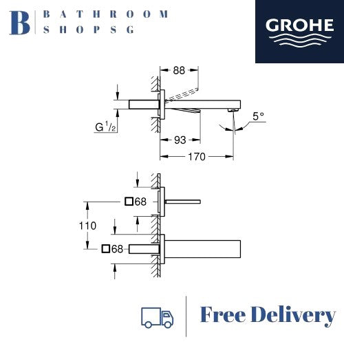 Grohe Eurocube Joy 2-hole Basin Mixer M-size | Grohe Wall Mount Conceal Mixer Trimset 19997000