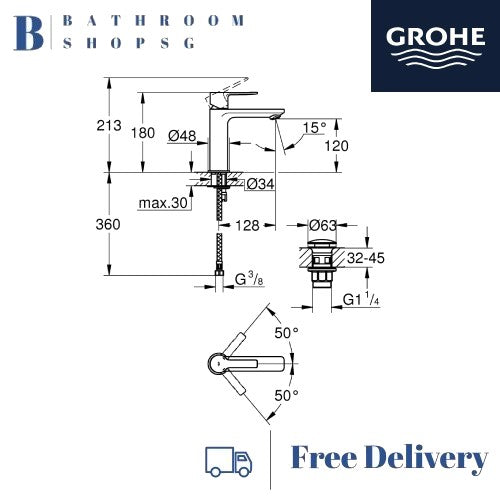 Grohe Lineare basin mixer S Size with PushOpen | Grohe Bathroom Sink Mixer 23106001