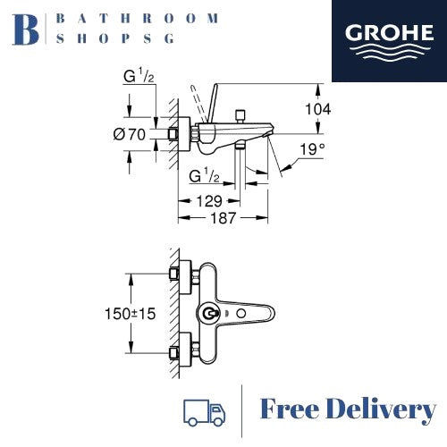Grohe Eurodisc Joy Wall Mount Single-lever Bath Mixer Exposed 23431000