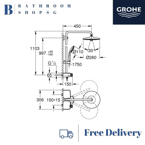Grohe Euphoria Smartcontrol 260 Rainshower System with Thermostatic Shower Mixer 26509000