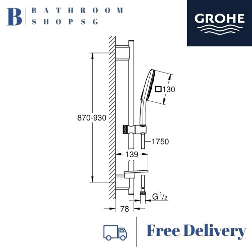 Grohe Rainshower Smartactive 130 Cube Shower Rail Set 3 Sprays 26587000 | Grohe Sliding Bar
