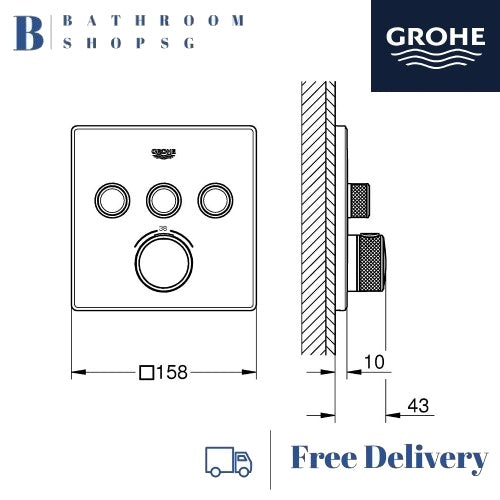 GROHE Grohtherm SmartControl Thermostat Trimset Square for Conceal Mixer Installation with 3 valve 29126000