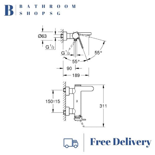 Grohe Plus Single-Lever Wall mounted Exposed Bath Mixer 33553003 | Bathroom Faucet