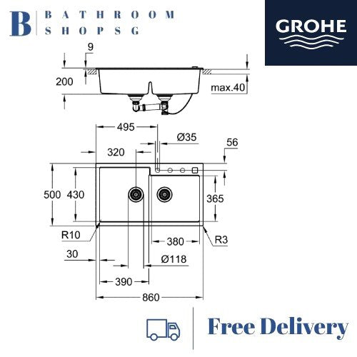 Grohe K500 Composite Sink 90-C Top Mount Double Bowl Kitchen Sink 31649AP0 Black