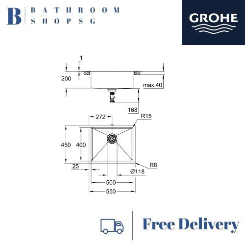 Grohe K700U Stainless Steel 60-S Undermount Single Bowl Kitchen Sink 31574SD1