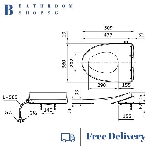 TOTO C769 Close Coupled Toilet Bowl with Ecowasher TCW1211A Manual Bidet Seat