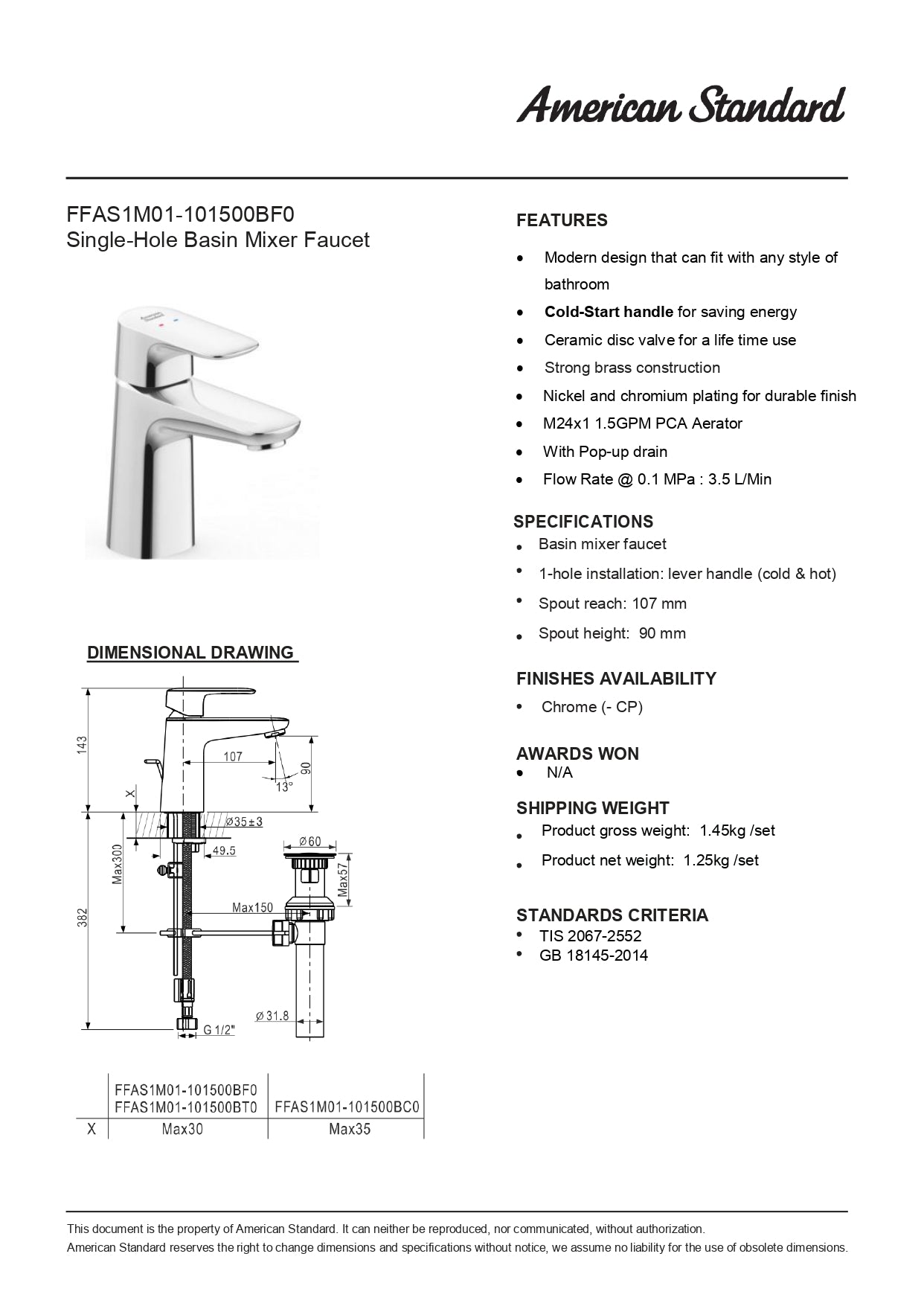 American Standard Loven Basin Mixer With Pop-up Drain FFAS1M01-101500BF0