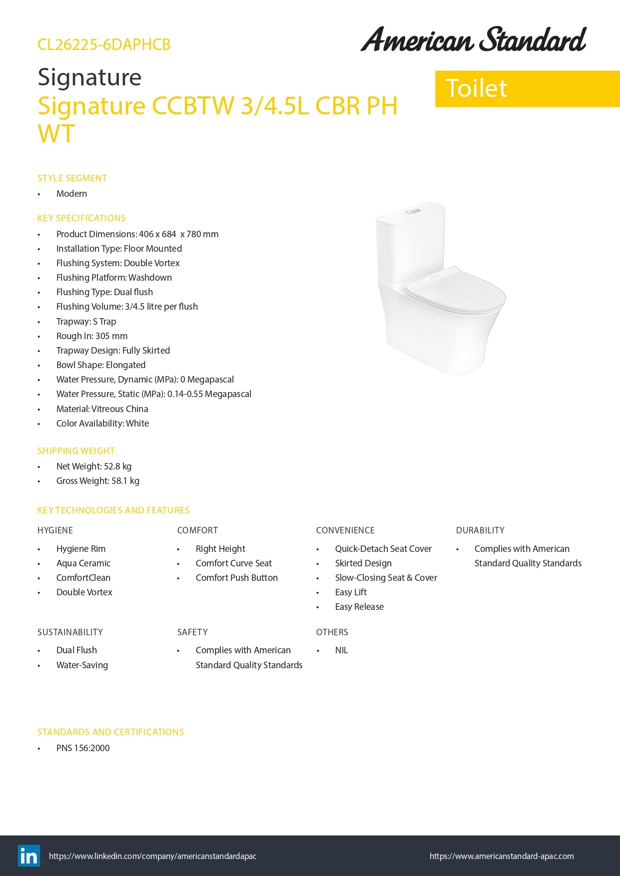 American Standard Signature Close Coupled Back To Wall Toilet CL26225