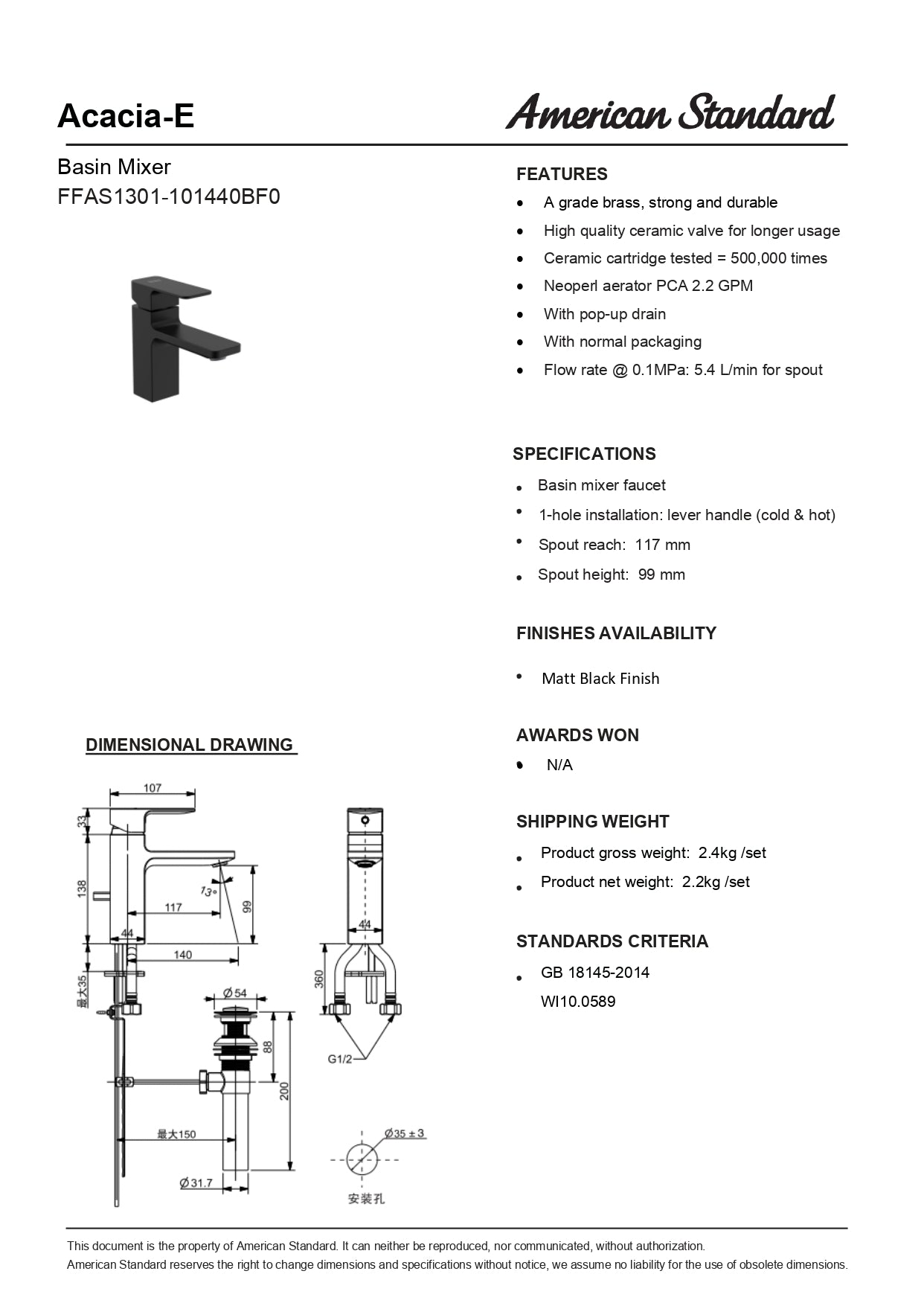 American Standard Acacia Evolution Basin Mixer with Pop-up Drain FFAS1301-101440BF0 Matt Black