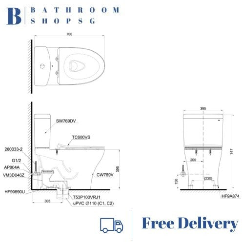 TOTO C769 Close Coupled Toilet Bowl bundle with Washlet TCF24410AAA