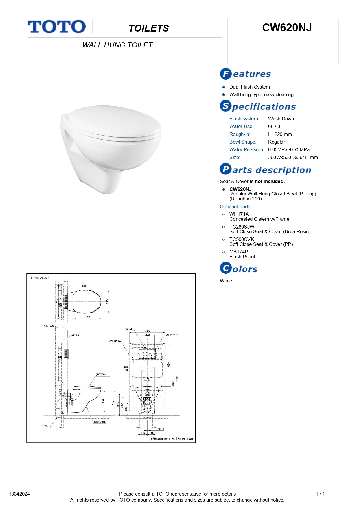TOTO CW620NJ Wall Hung Toilet Bowl with Soft Close Seat Cover