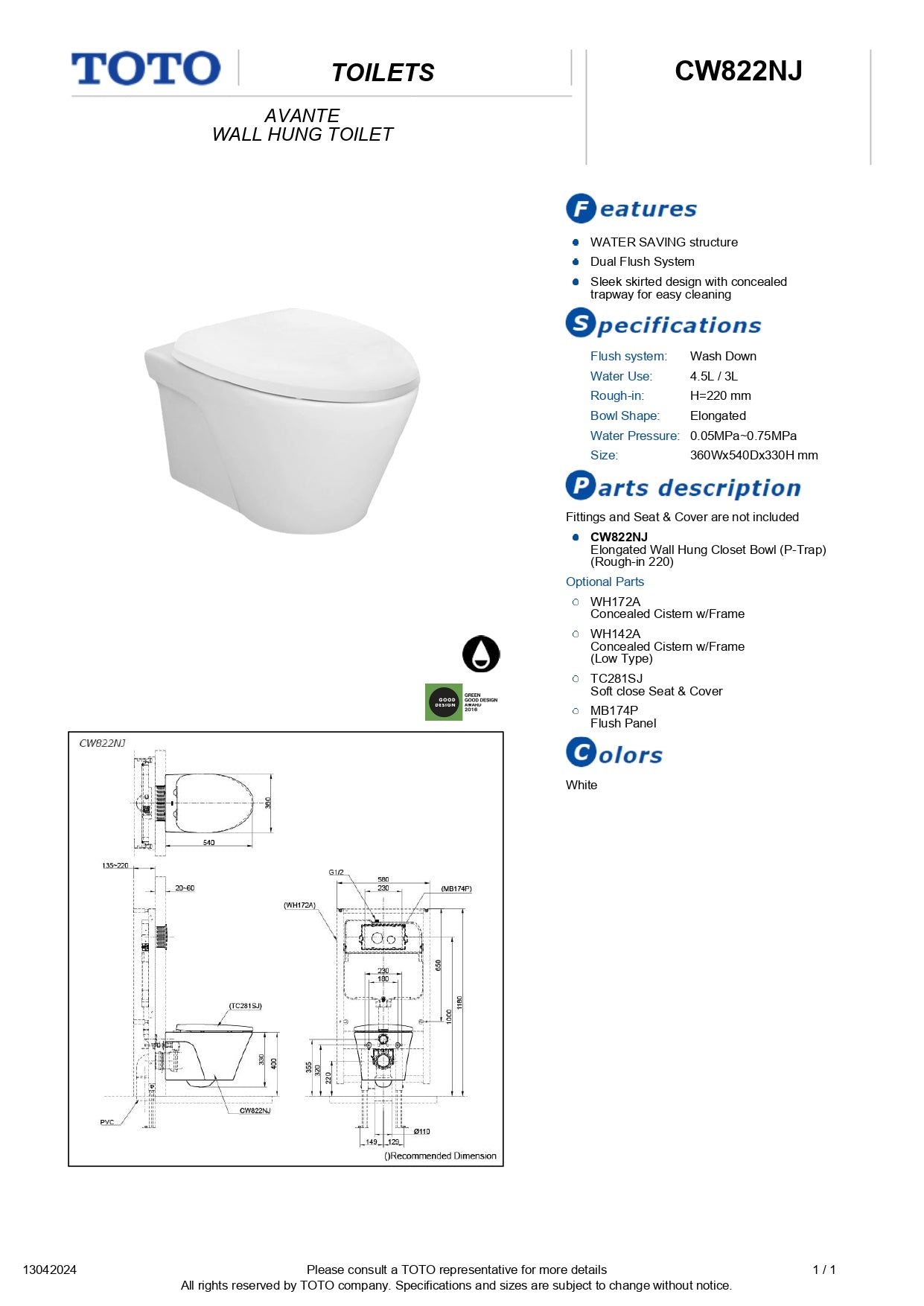 TOTO AVANTE Wall Hung Wash Down Toilet Bowl CW822NJ