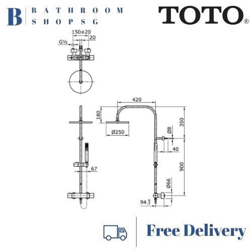 TOTO EGO || Thermostat Rain Shower Column Set with Hand Shower TX454SES