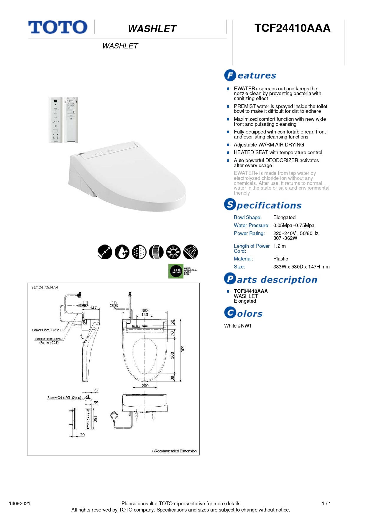 TOTO Washlet Electric Bidet Seat TCF24410AAA