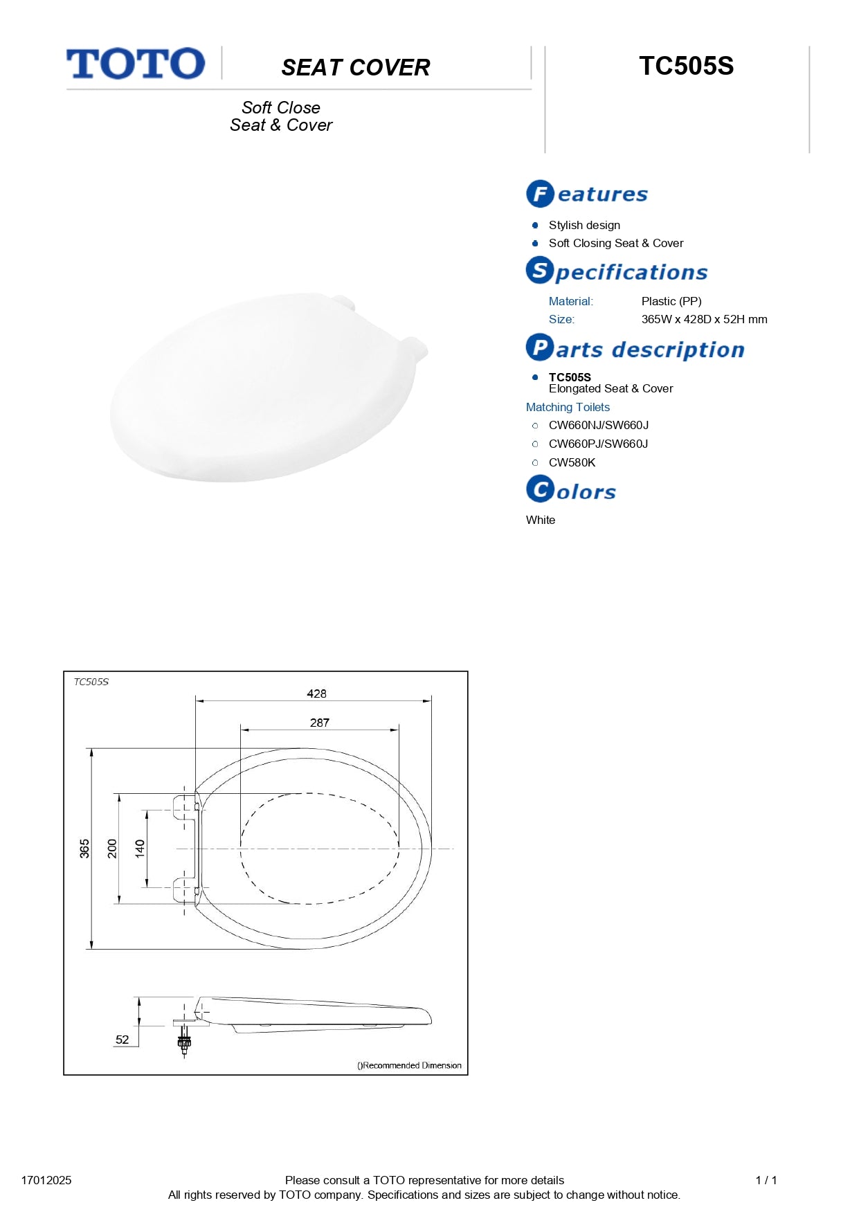 TOTO Soft Closing Toilet Seat and Cover TC505S