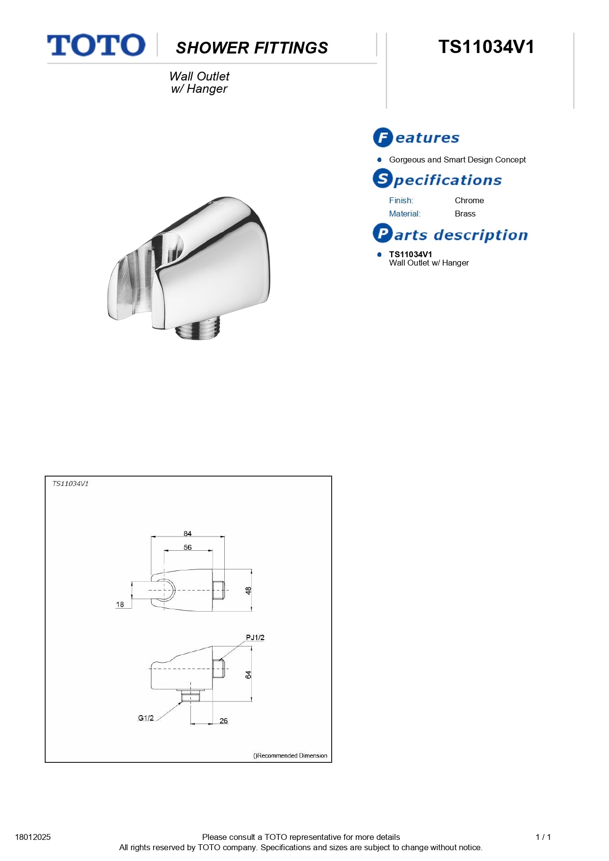 TOTO Wall Shower Outlet with Hanger TS11034V1