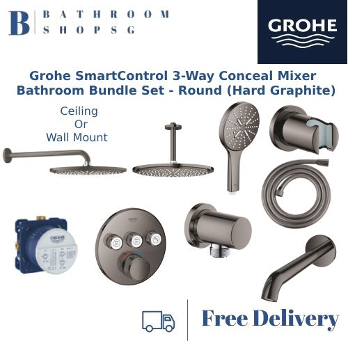 Grohe Smart Control 3-Way Conceal Mixer Bathroom Bundle Set Hard Graphite | Grohe 35600 29121A00