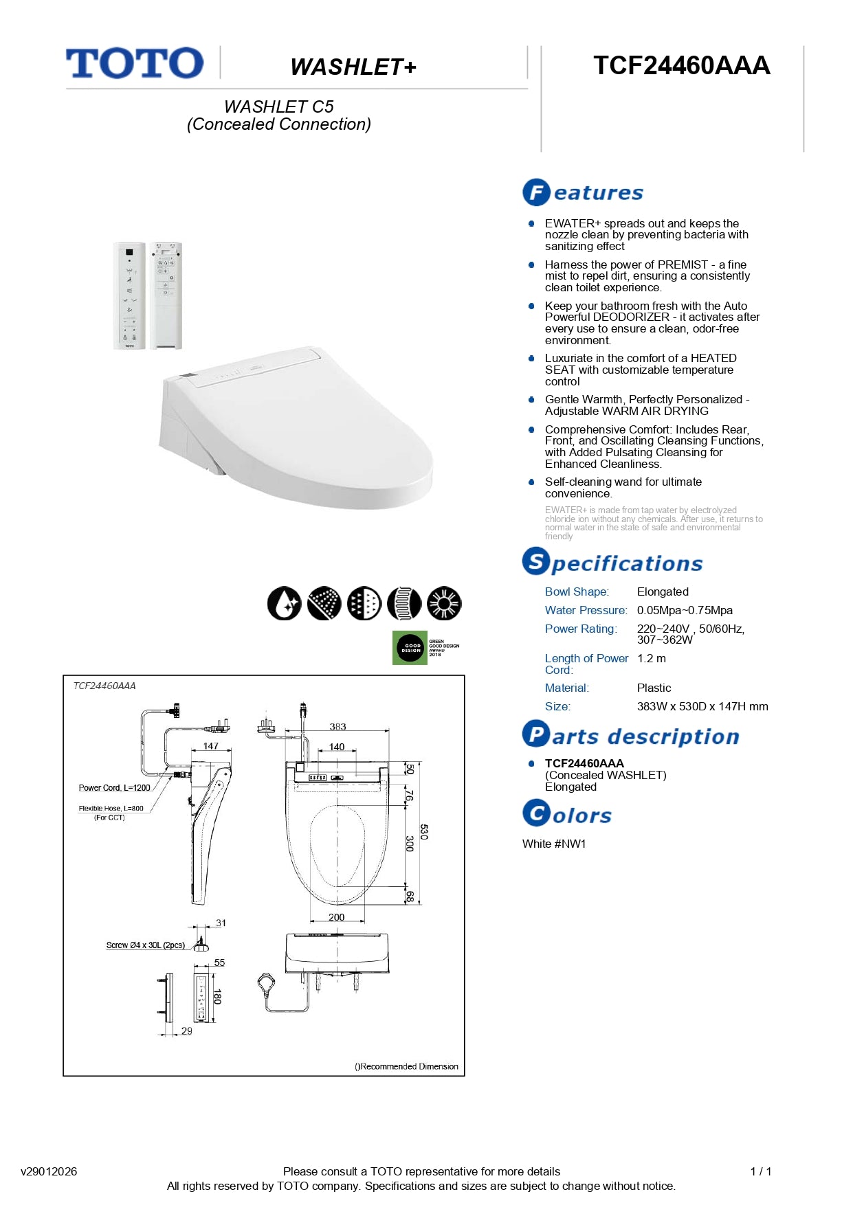 TOTO Washlet C5 Concealed Connection TCF24460AAA Electric Bidet Seat with Remote Control