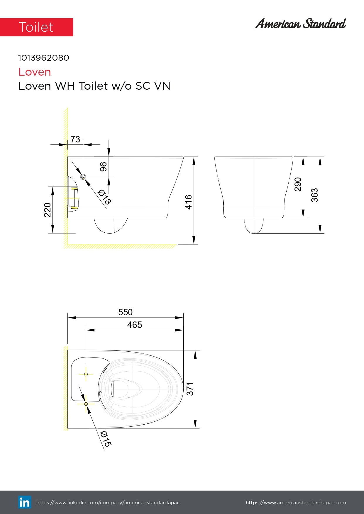 American Standard Loven Wall Hung Toilet Bowl 1013962080