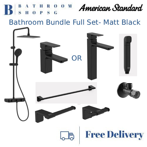 American Standard Bathroom Bundle Set Matt Black | Easyset Rainshower | Acacia Bathroom Accessories