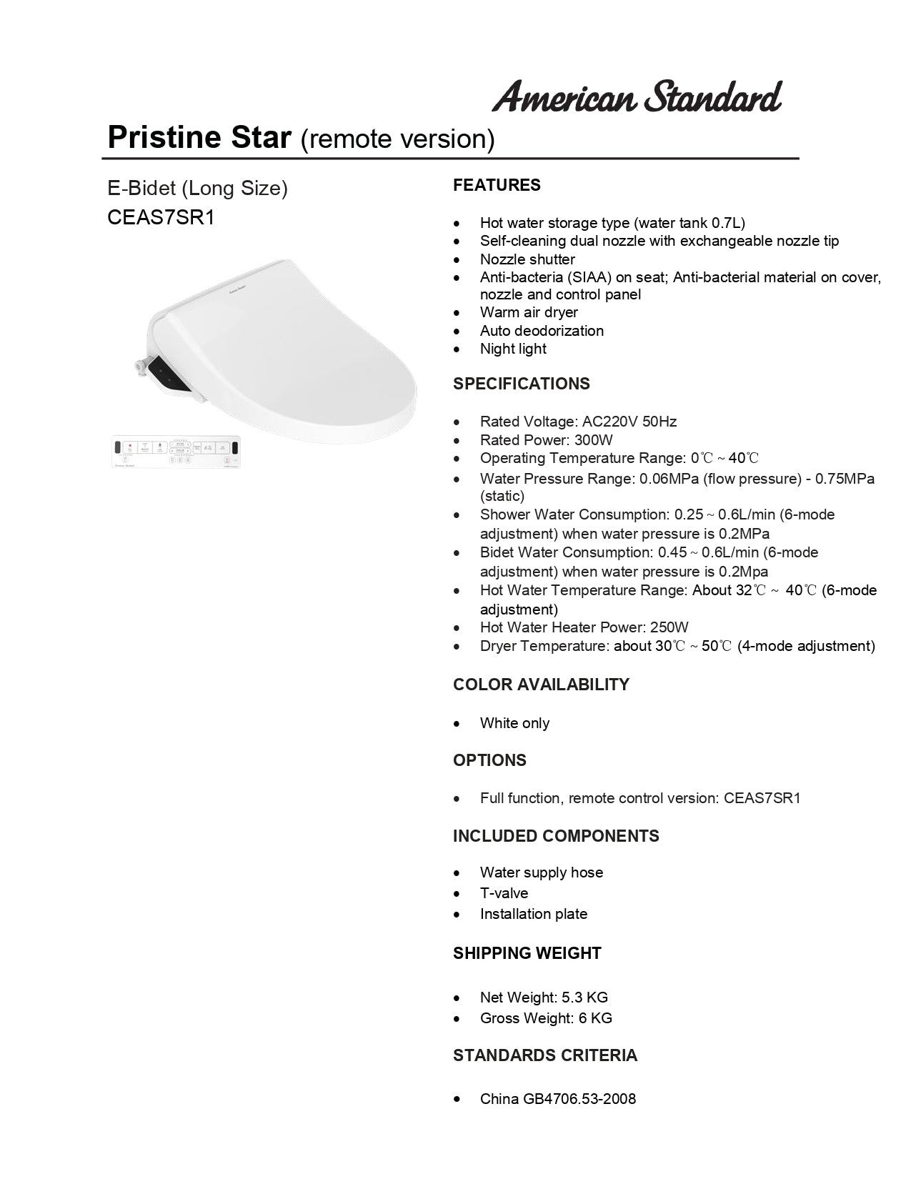 American Standard Pristine Star Electric Bidet Seat CEAS7SR1 with Remote Control
