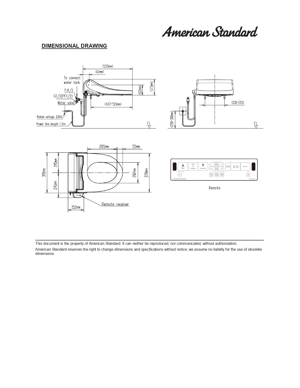American Standard Pristine Star Electric Bidet Seat CEAS7SR1 with Remote Control