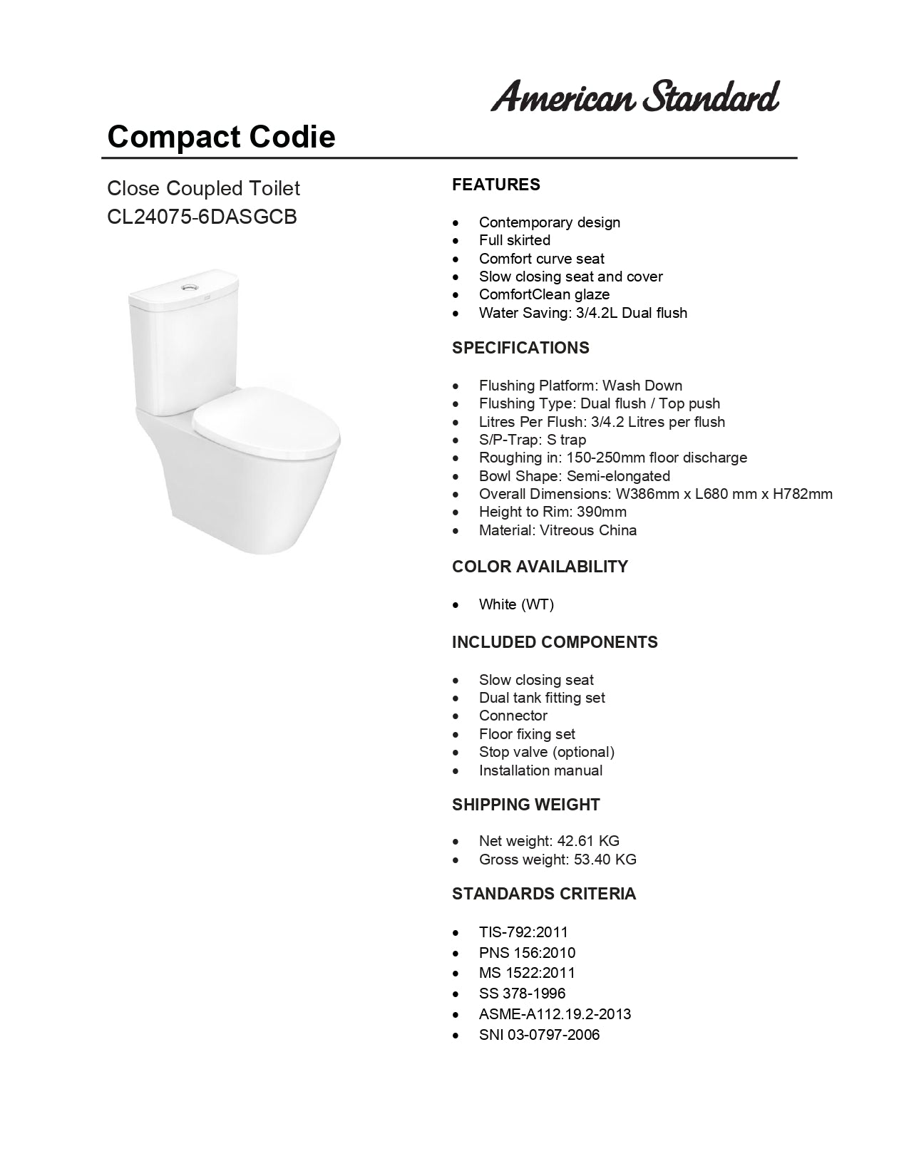 American Standard Compact Codie Close Coupled Toilet CL24075