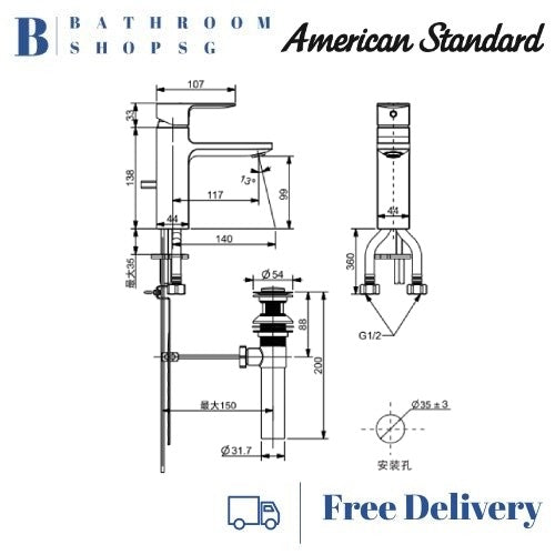 American Standard Acacia Evolution Basin Mixer with Pop-up Drain FFAS1301-101440BF0 Matt Black
