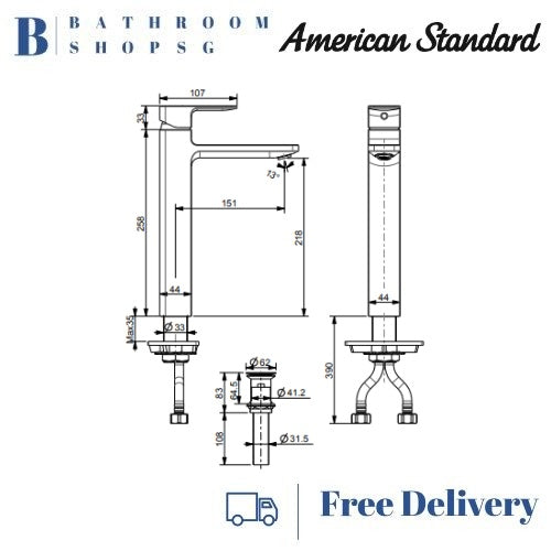 American Standard Acacia E Extended Basin Mixer With Pop-up Drain FFAS1302-101440BF0 Matt Black