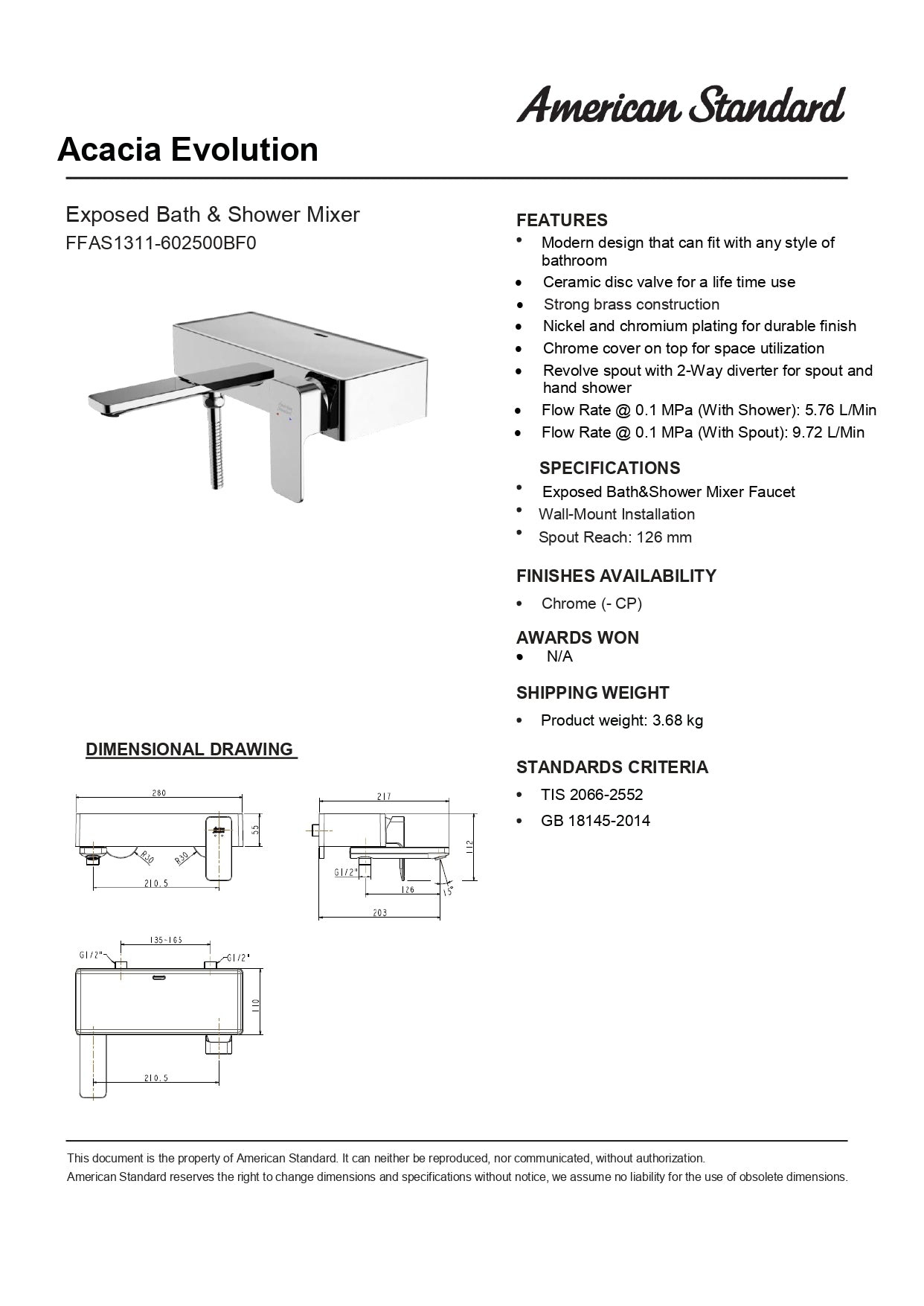 American Standard Acacia Evolution Exposed Bath & Shower Mixer FFAS1311-602500BF0
