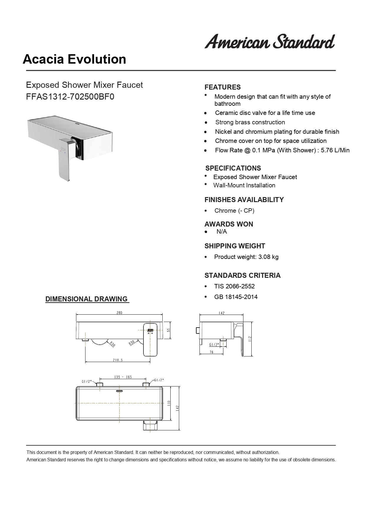 American Standard Acacia Evolution Exposed Shower Mixer FFAS1312