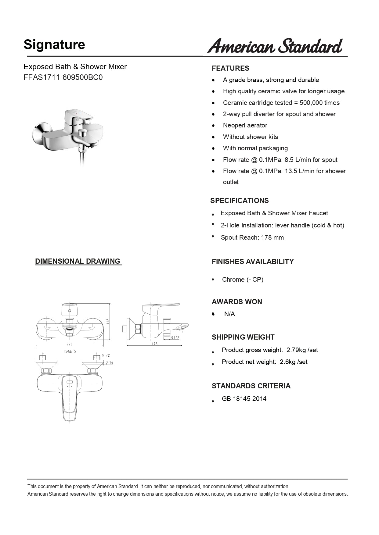American Standard Signature Exposed Bath & Shower Mixer  FFAS1711-609500BC0