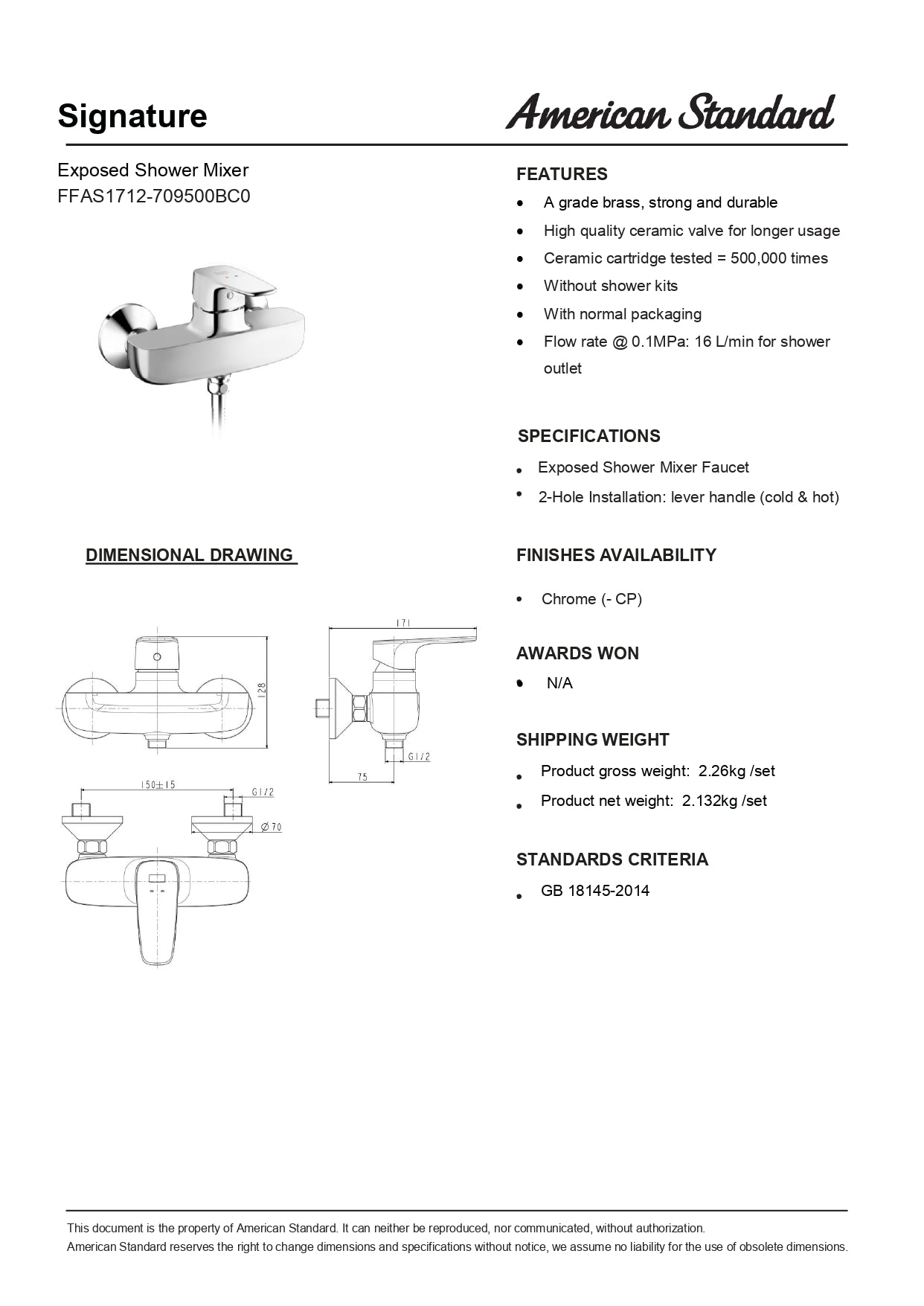 American Standard Signature Exposed Shower Mixer  FFAS1712-709500BC0