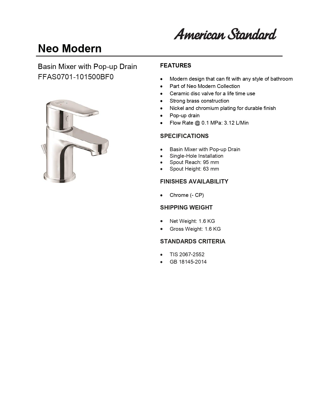American Standard Neo Modern Basin Mixer with Pop-up Drain FFAS0701-101500BF0 | Bathroom Faucet