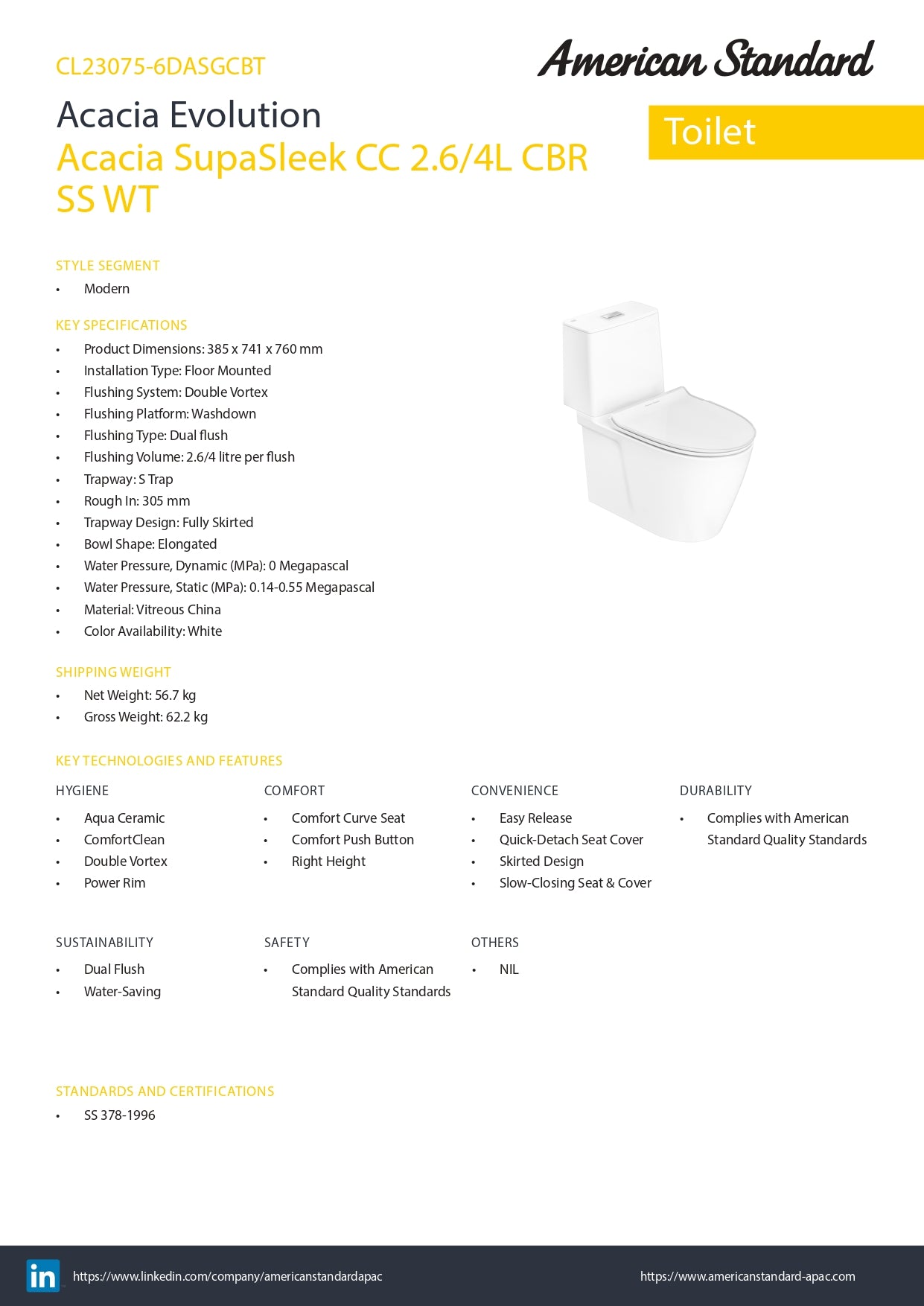 American Standard Acacia SupaSleek Close Coupled Toilet CL23075