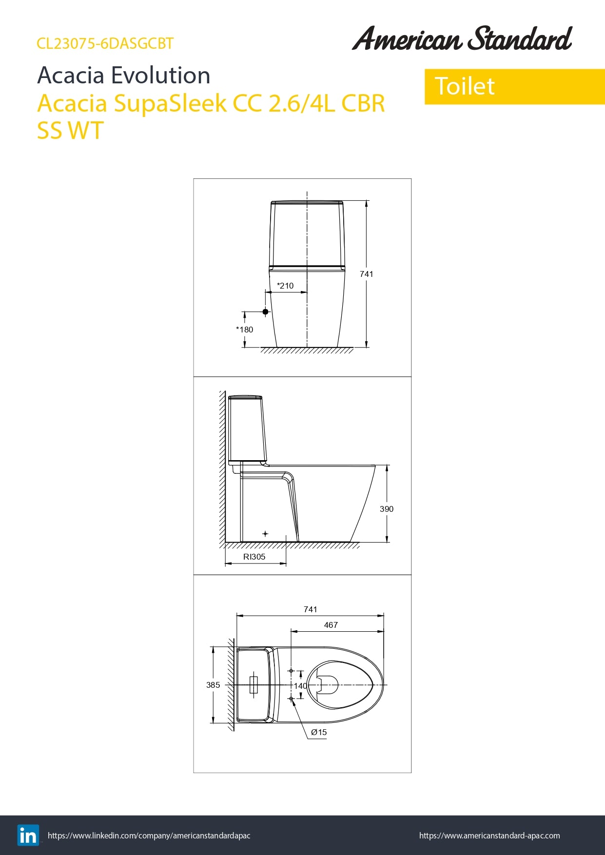 American Standard Acacia SupaSleek Close Coupled Toilet CL23075