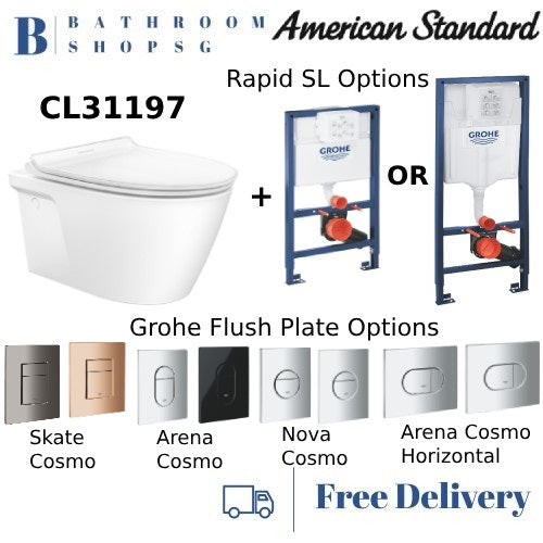 American Standard Acacia Supasleek WH Toilet CL31197 Bundle with Grohe Rapid SL Brackets Cistern and Flush Plate Set