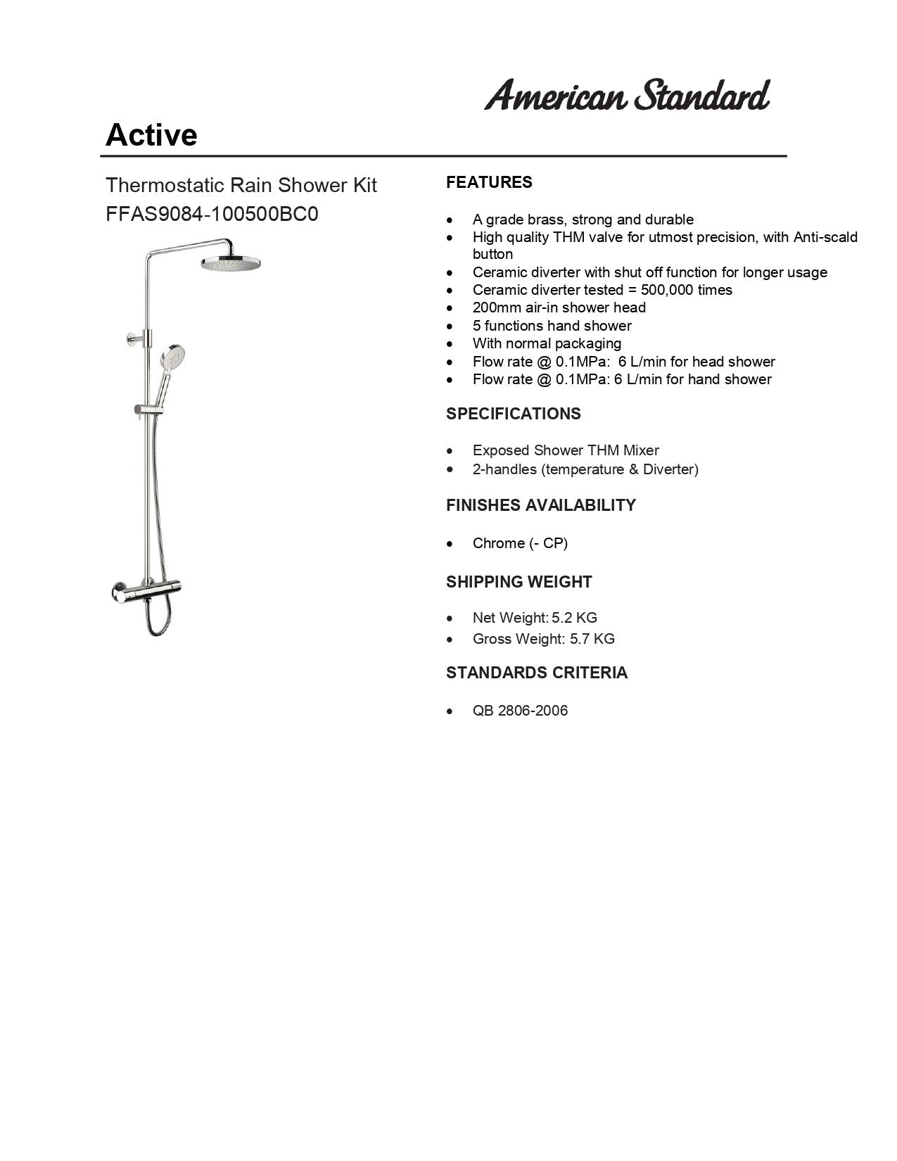 American Standard Active Thermostatic Rainshower System FFAS9084