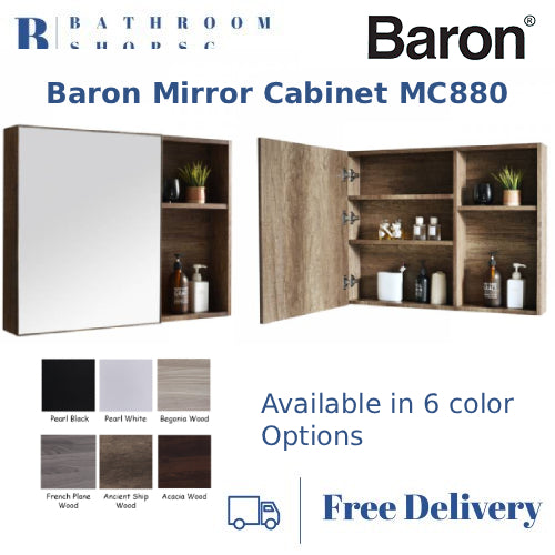 Baron MC880 Stainless Steel Mirror Cabinet with Side Open Shelf 88cm