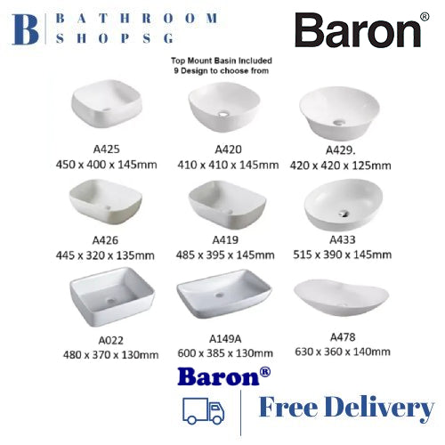 Baron A107-ST Solid Top with Top Mount Ceramic Basin Two Door Stainless Steel Cabinet Set