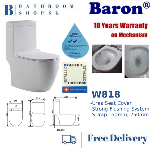 Baron W818 One Piece Wash Down Rimless Toilet Bowl with Urea Seat Cover